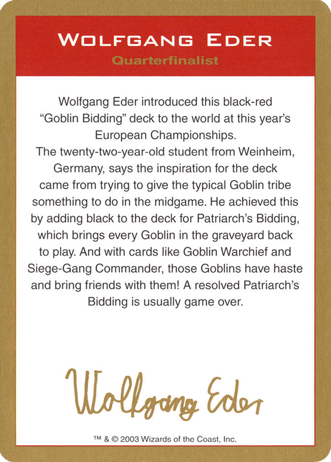 Wolfgang Eder Bio [Barajas del campeonato mundial 2003] 