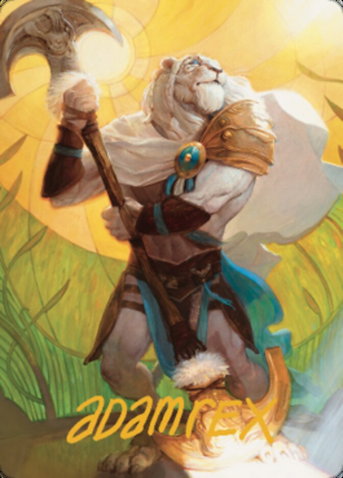 Ajani, tarjeta artística del agente durmiente (firma estampada en oro) [Serie de arte Dominaria United] 