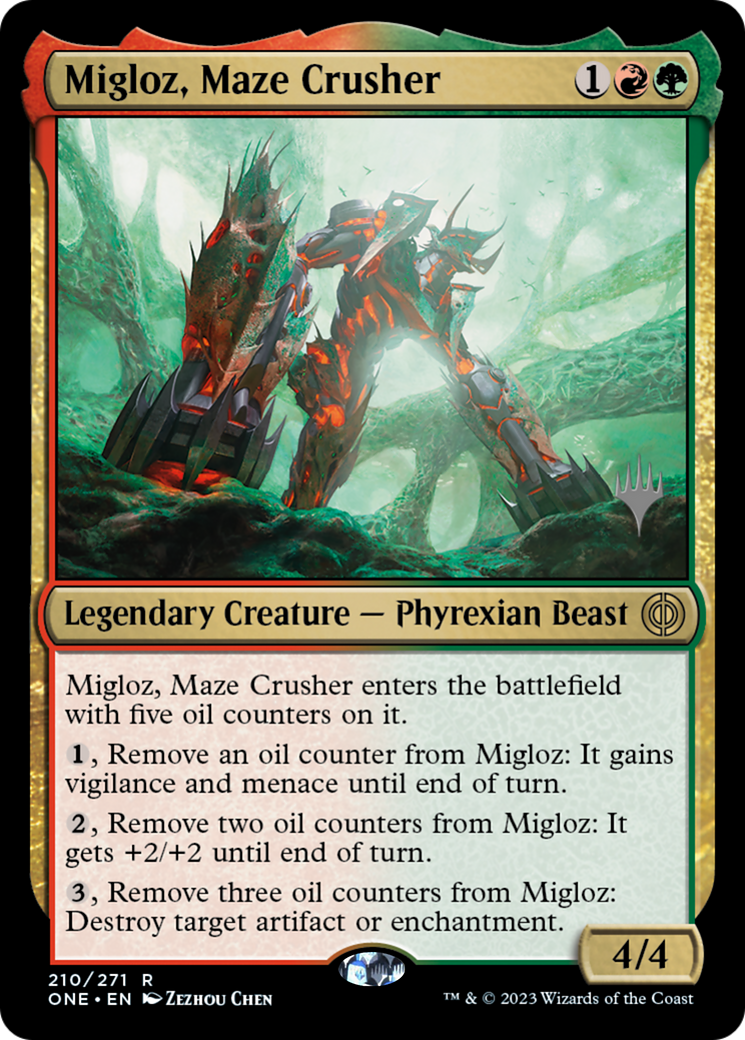 Migloz, Maze Crusher (Paquete promocional) [Phyrexia: All Will Be One Promos] 