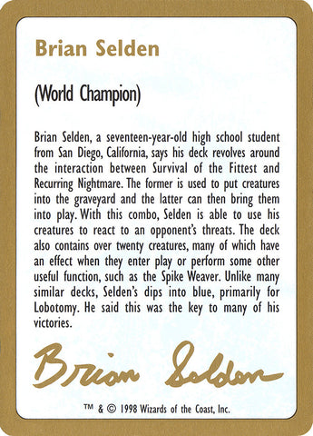 Brian Selden Bio [Barajas del campeonato mundial 1998] 